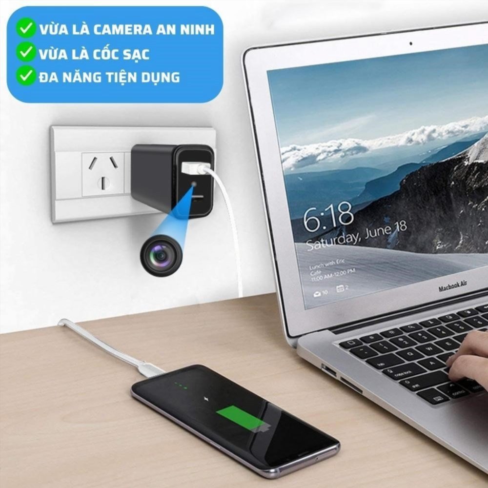 CAMERA không dây không dây có thể sạc, có chân cắm 2 chấu và quay phim ở độ phân giải 1080P.