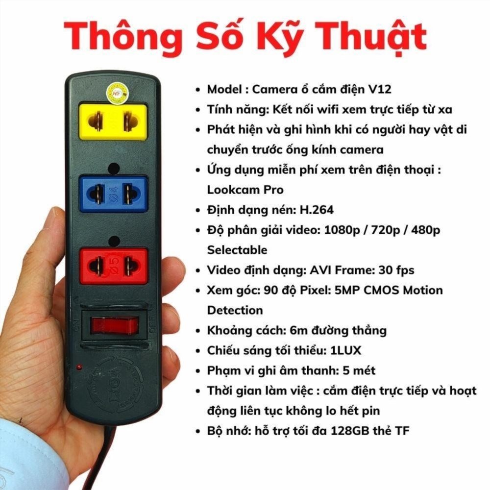 Thông số kỹ thuật CAMERA không dây Ngụy Trang Ổ cắm điện không dây V12 Full HD | cameraminiplus của CAMERA WIFI ẩn trong ổ cắm điện Lioa V12.