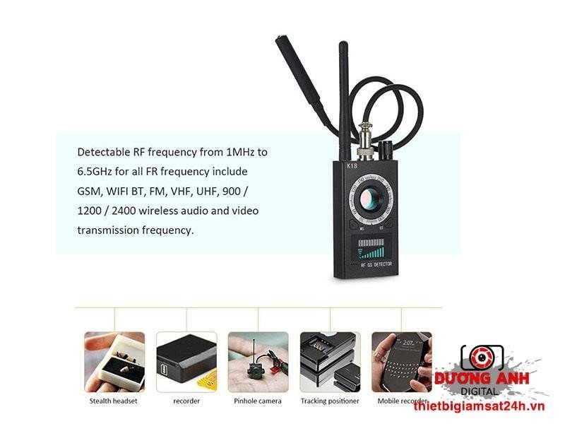 Thông số kỹ thuật Máy Dò Sóng phát hiện định vị Giấu, Nghe trộm K18 RF Detector | cameraminiplus bao gồm các thông tin về các yếu tố kỹ thuật, thuộc tính và đặc điểm của một sản phẩm, máy móc hoặc hệ thống.